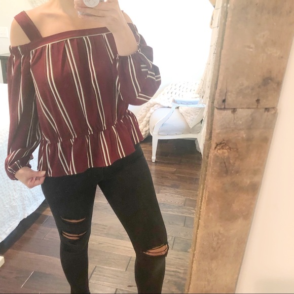 belle tweed Tops - Belle Tweed striped boho cold shoulder blouse